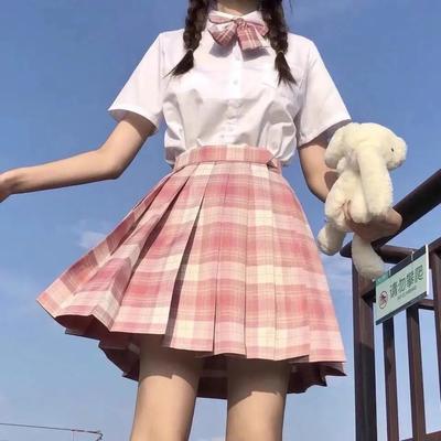 3 stuks vrouwen anime uniform set roze geplooide rokken zomer JK shirt lange mouw jas met mini geruite rok pak