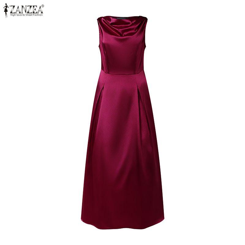ZANZEA Women Elegant Pile Collar Casual Sleeveless A-line Satin Dress