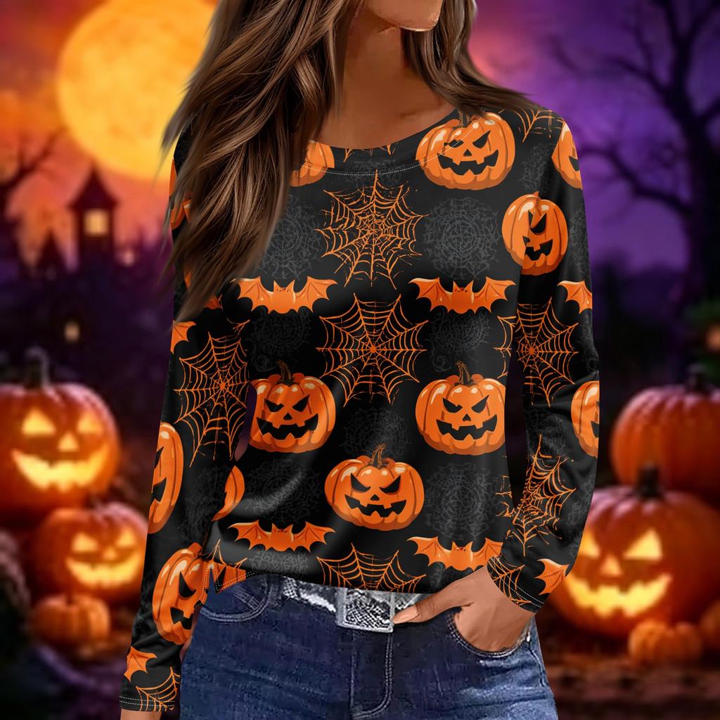 Women's Halloween Print Long Sleeve Pullover Top Round Neck Split Hem Casual Loose Fit Lightweight Sweatshirt