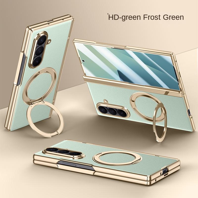 For Samsung Galaxy Z Fold 7  Leather 360° Swivel Bracket Magnetic Tempered Glass Front Membrane Anti-Drop Fingerprint Phone Case