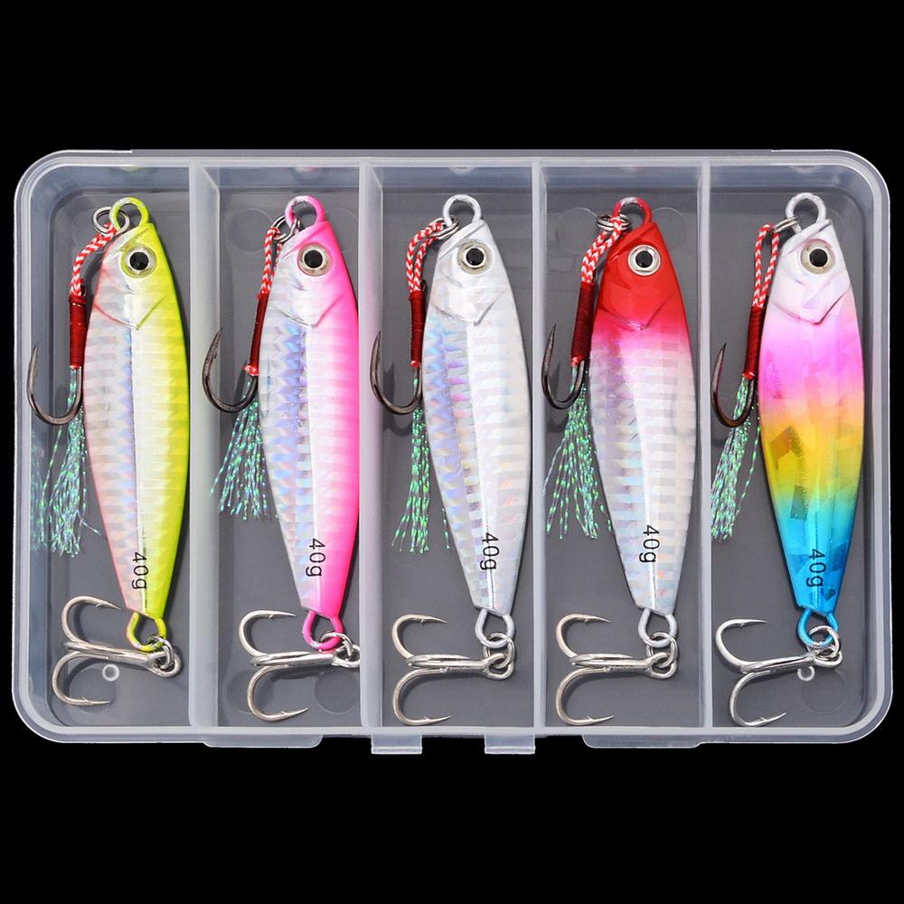 5 Pieces Boxed Artificial Hard Bait Lead Fish Jigs with Blood Groove Hooks for Bass & Trout Ocean Boat Fishing Slow Jigging