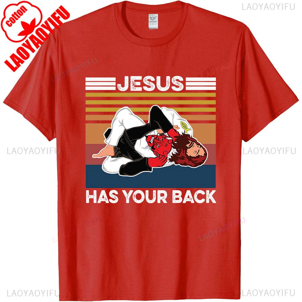 Jiu Jitsu Jesus Has Your Back Funny Christian Gift Vintage Mens TShirt Black Tops Summer Cotton Shirt Short Sleeve Streetwear