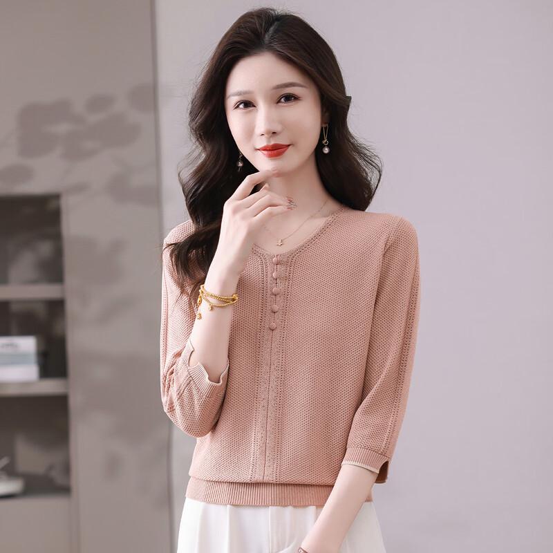 SNOWFLYING Women s Rhinestone V-Neck 3/4 Sleeve Knit Top XL
