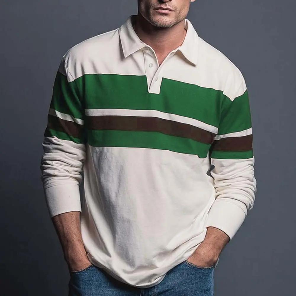 Stylish Patchwork Long Sleeve Polo Shirt, Casual Men's Top