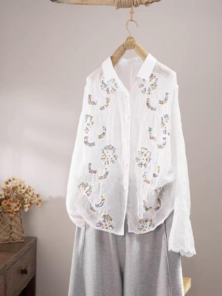 Women's Retro Floral Embroidered Cotton Shirt with Beaded Sequins - Long Sleeve, Loose Fit