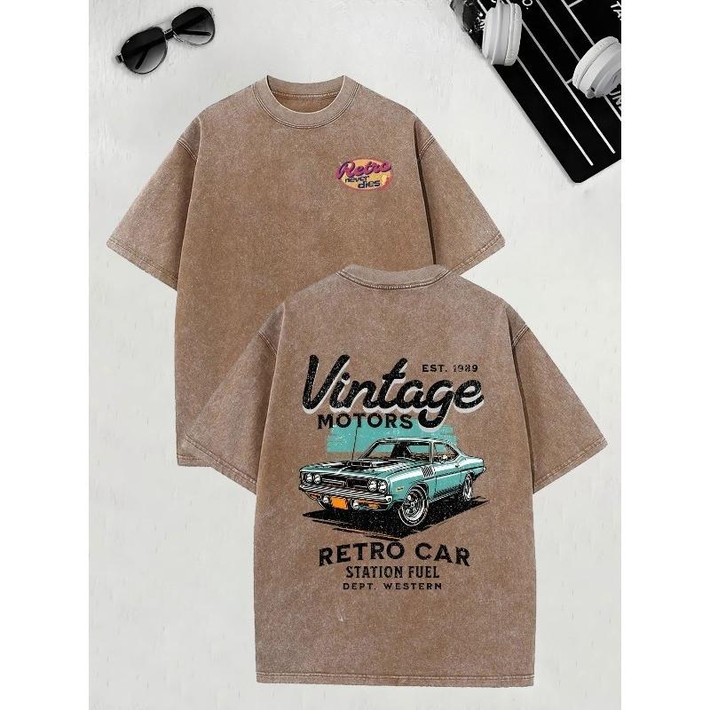 

Street Retro Trendy Men s Clothing, Retro Car Pattern Printed Men s Fashion T-shirts, High-quality Heavy Washed T-shirts, Retro and Old Men s Tops 5XL