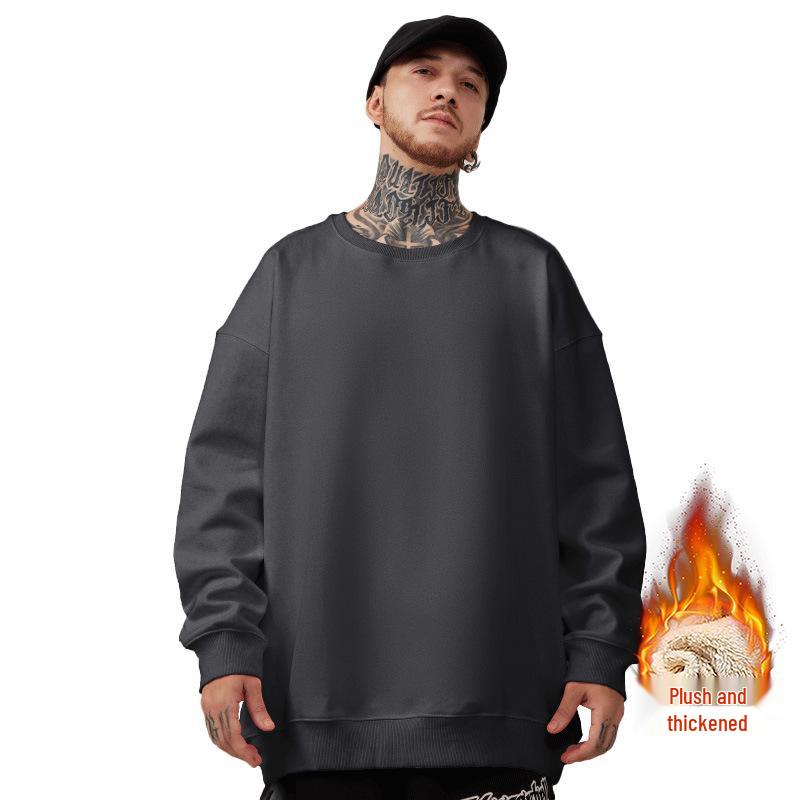 Men's Plus Size Round Neck Solid Color Hoodie - Loose Fit with Velvet Base Layer for Couples, Suitable for Spring and Autumn.
