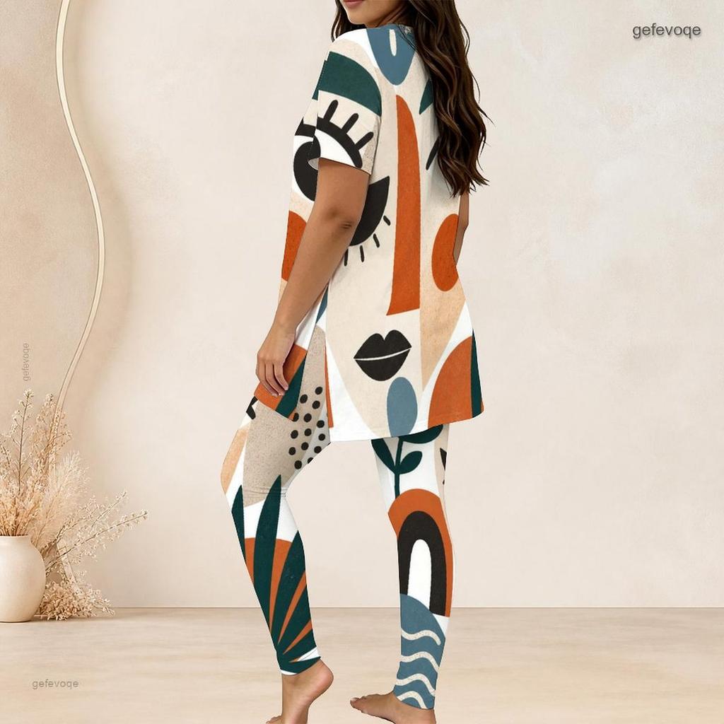 Women Plus Size Two Piece Set Round Neck Short Sleeve Geometric Printed Top And Long Pants