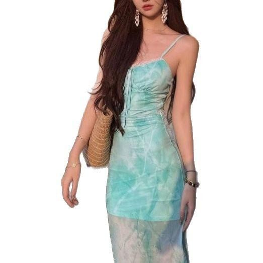 Mint green print mesh seaside vacation dress children summer sexy slim fit with suspenders fishtail dress