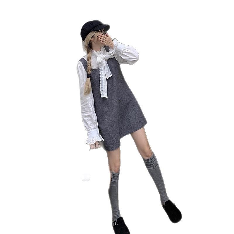 French Bow Lace-up Long-sleeved Shirt Woolen Vest Dress Women's Autumn New Fashion Suit Trendy