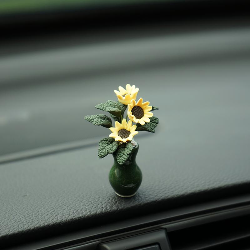 Sunflower Mini Car Decor Ceramic Vase Premium Dashboard Ornament Handmade Clay Art
