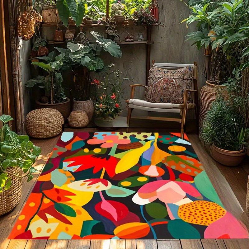Extra Large Mat Non Slip Backing Plush Soft Floor Mat Modern Floral Pattern Red Green Yellow Pink Black Machine Washable Living