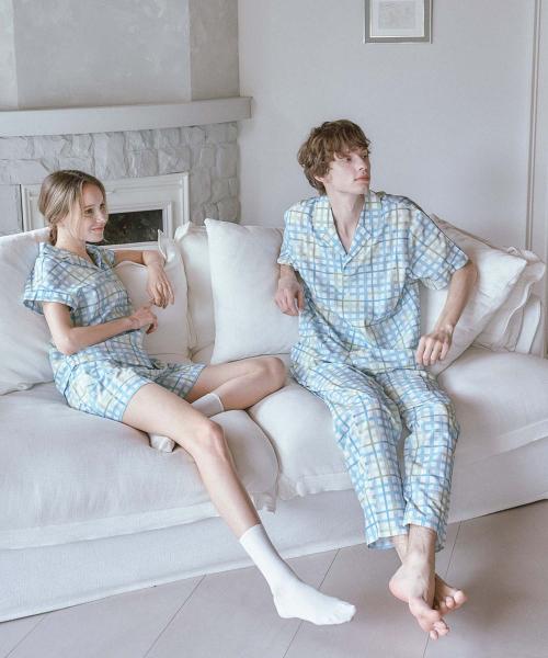 [Sunday Lounge] Blue Check Short Sleeve Pajama Set SMLDAST0077-BS [Shipped from Korea] 100% Authentic