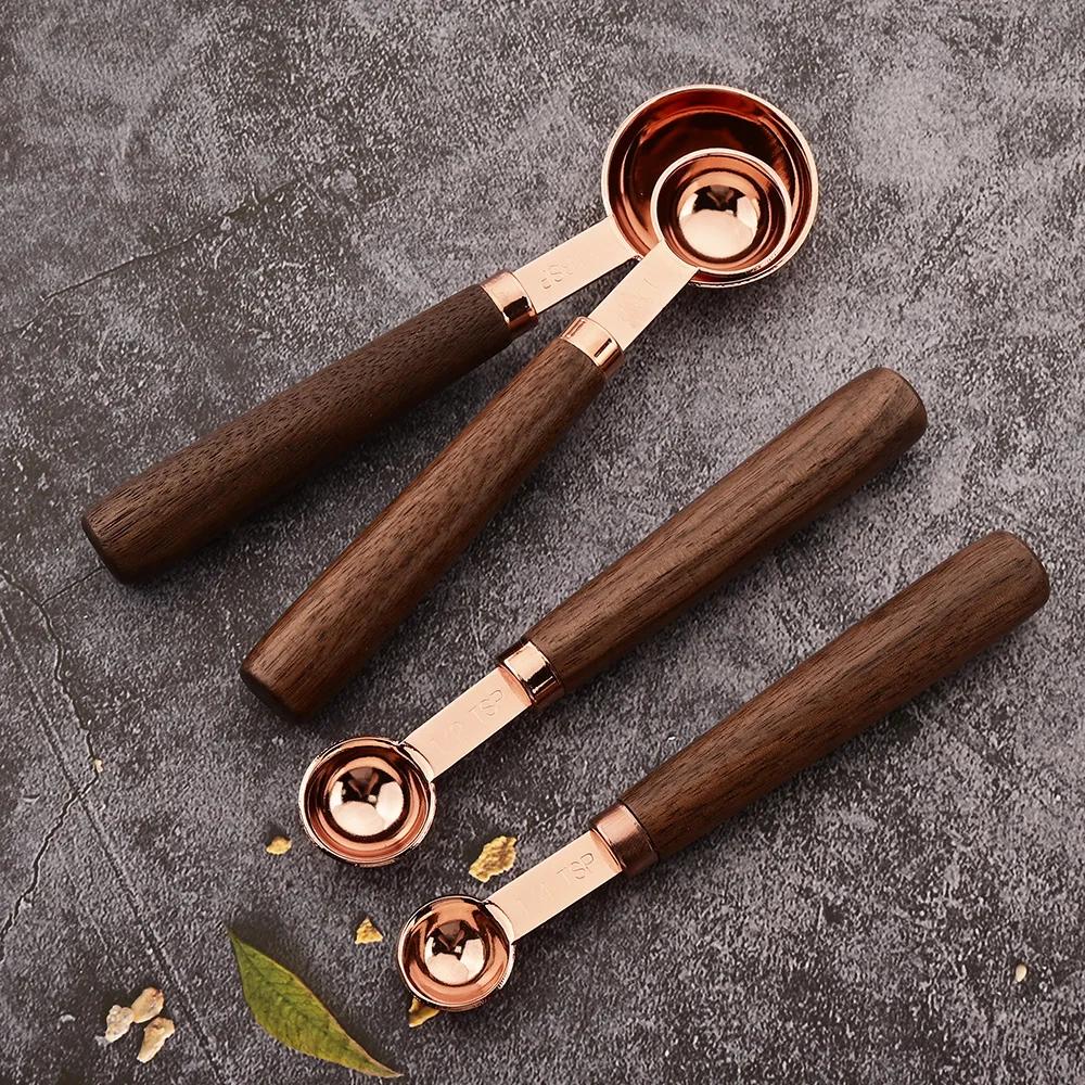 Rose Wooden Handle Stainless Steel Measuring Cups Spoons Baking Tools Coffee Measuring Spoon Set Bartending Scale Accessories