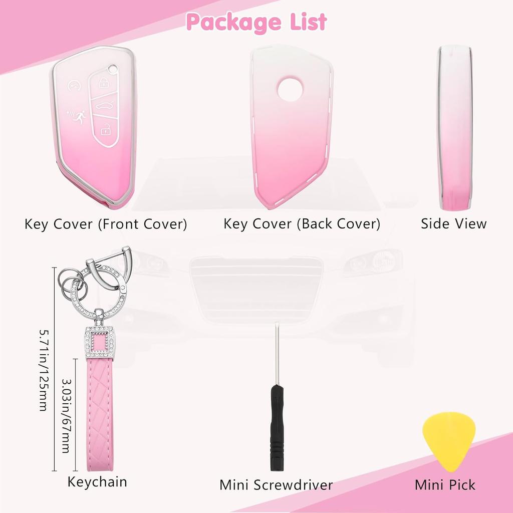 1797 Key Fob Cover for Volkswagen VW ID.4 Atlas Golf GTI R Accessories 2024 Bling Car Key Chain Case Shell 5 Button Gradient Pink Cute Girly TPU