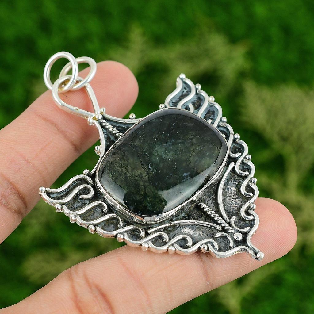 925 Silver Solar Moss Agate Stone Boho Wedding Anniversary Bezel Pendant Jewelry