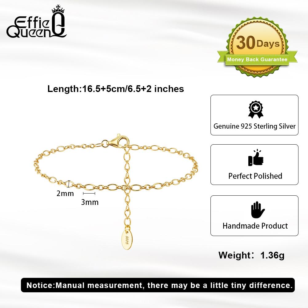 EFFIE QUEEN S925 Sterling Silver 3mm Oval Link Chain Bracelet Women Dainty Simple O Shape Links Wristband Bangle Jewelry SB222