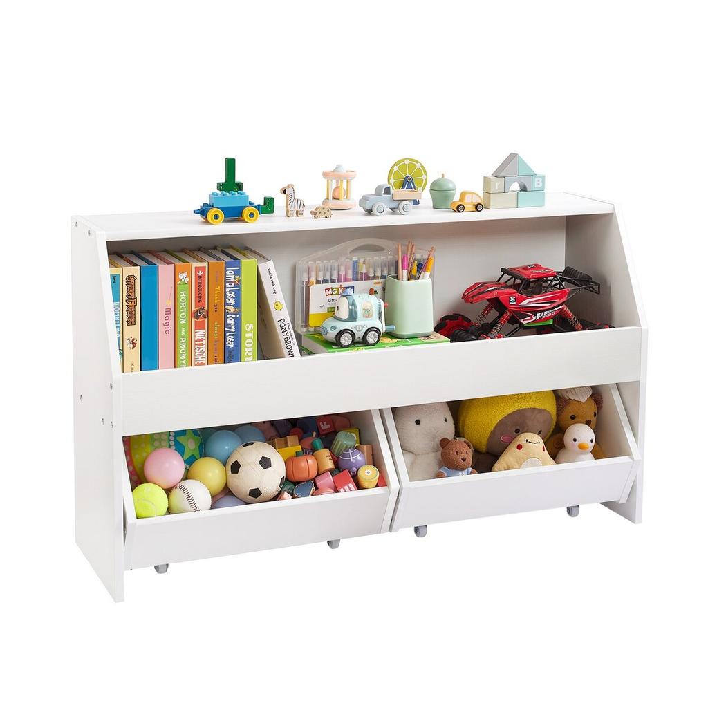Toy Storage Organizer, Wooden Kids Bookshelf with Storage, Toy Storage Cabinet with 2 Mobile Drawers, Kids Storage Organizer for Bedroom, Nursery,