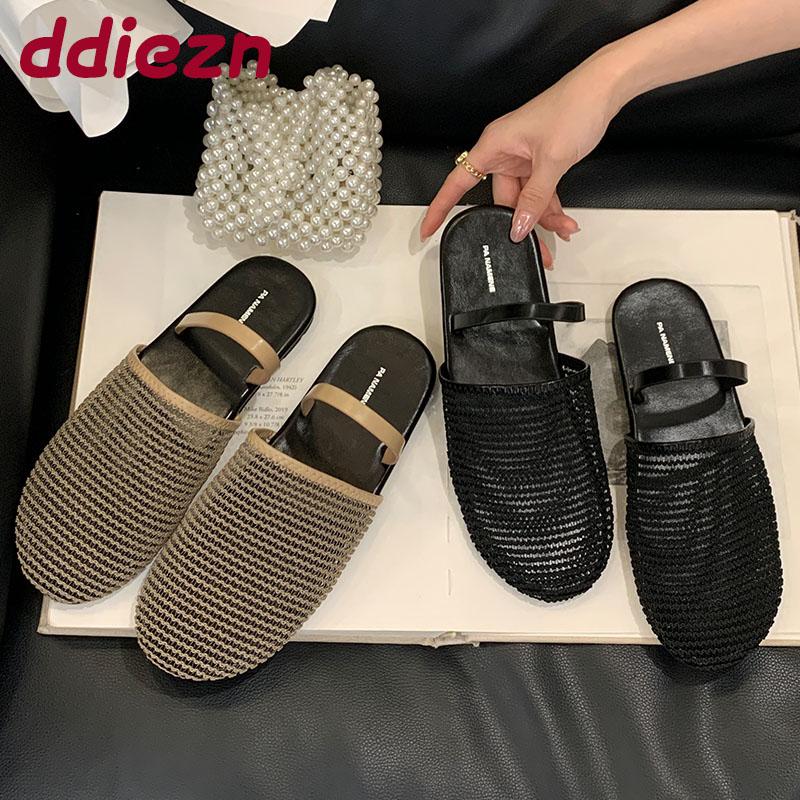 Fashion New 2025 Fashion Round Toe Ladies Flats Slippers Shoes Female Summer Beach Slides Mesh Women Flats Slippers Sandals Shoes Mules