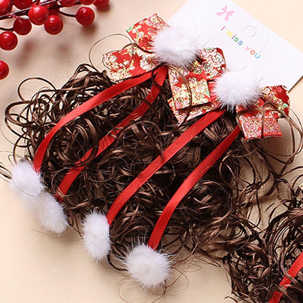 2pcs Chinese Style Baby Wig Hairpin Curly Red Bowknot Hairclip Children's Bow Wig  New Year Festive