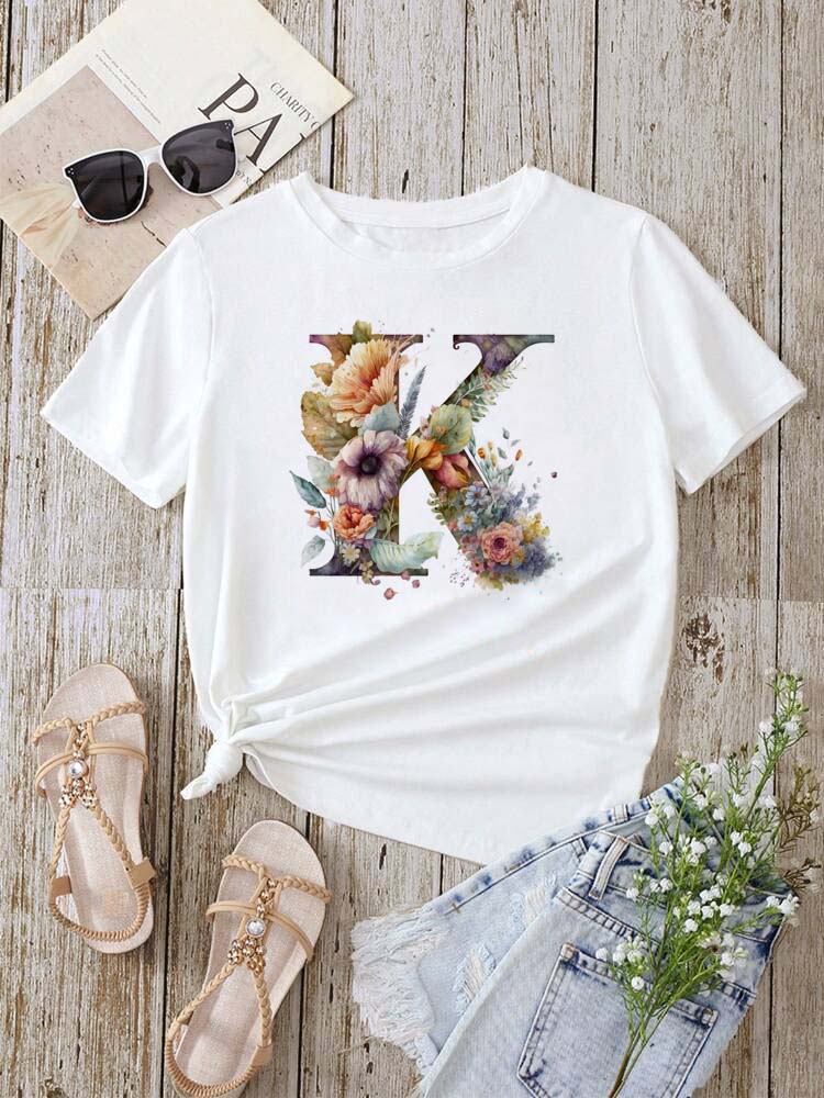 Custom Name Letter Combination Fashion Women T-shirt Floral Letter Font A B C D E F G Short Sleeve Tops White T-shirt
