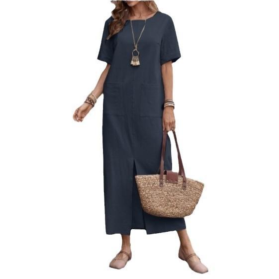 Cotton Linen Casual Loose Fit Short Sleeve Dress With Pockets For Summer Womens Fashion