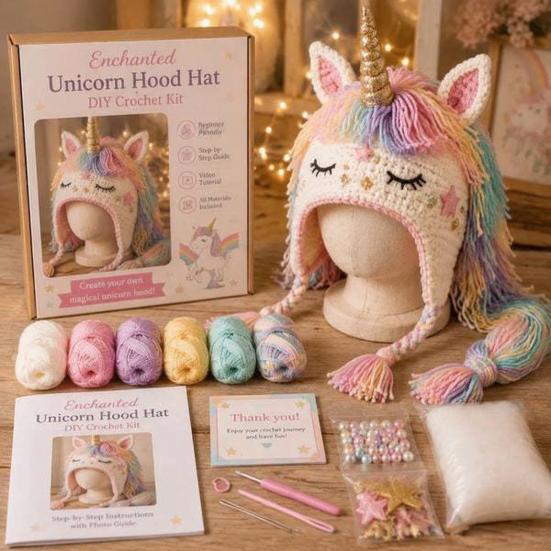 Crochet Starter Kit Fantasy Hood Kit, Cute Animal Hat DIY Dragon Unicorn Creative Gift for Crafters Skull Earflap Craft Adults, Handmade Halloween
