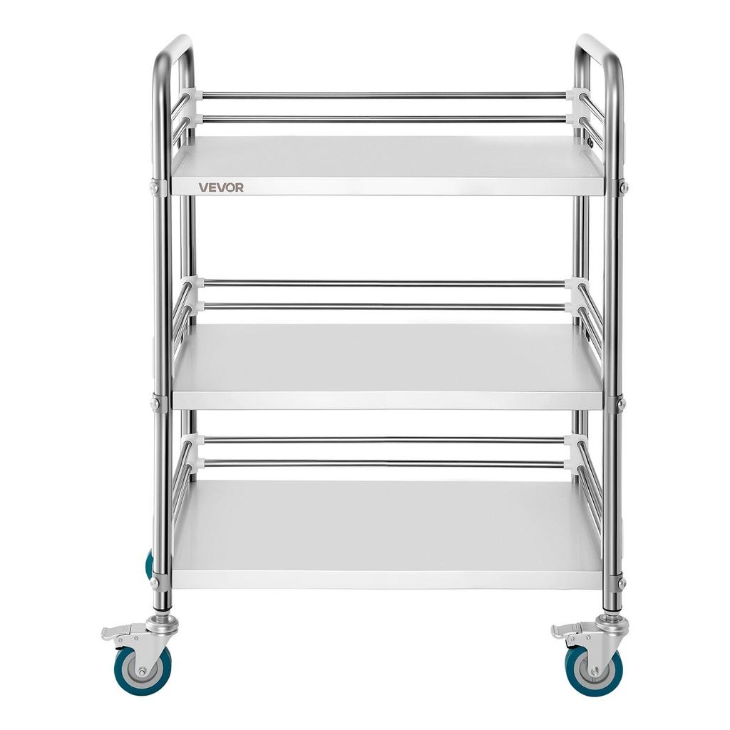 Stainless Steel Cart, 3-Tier Rolling Lab Utility Cart with Lockable Wheels, Medical Serving Trolley Clinic Tray, Heavy Duty Mobile Service Storage