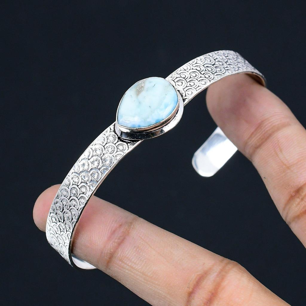 925 Silver Pear Natural Larimar Wife Throat Chakra Wedding Trendy Bangle Jewelry
