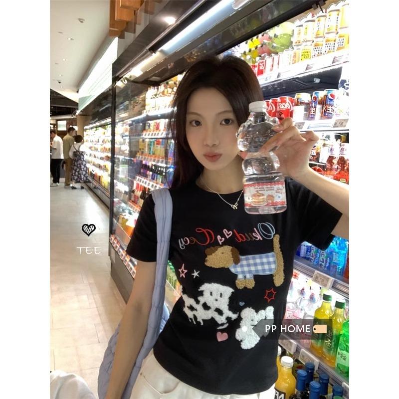 Fun Puppy Embroidery Front Shoulder Short Sleeve T-Shirt Women s Summer Black Skinny Short Top Trend Embroidery S чёрный