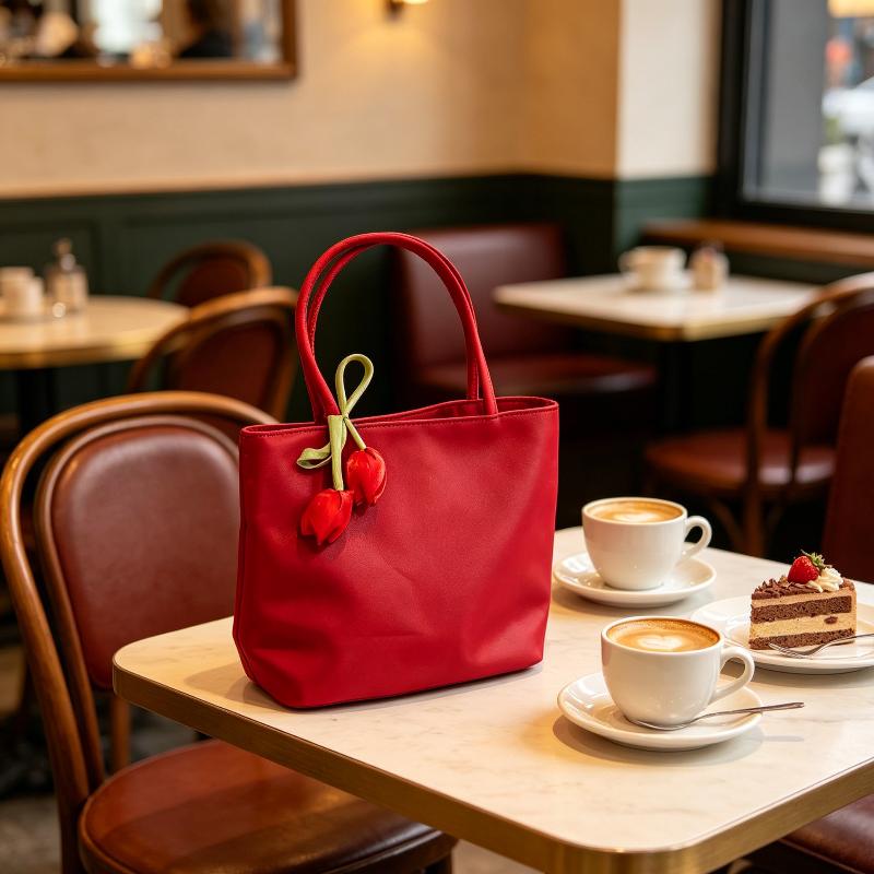 Casual Nylon Shoulder Tote Bag Lovely Tulip Pendant Lightweight Large Capacity Women Handbag for Commute Grocery Shopping