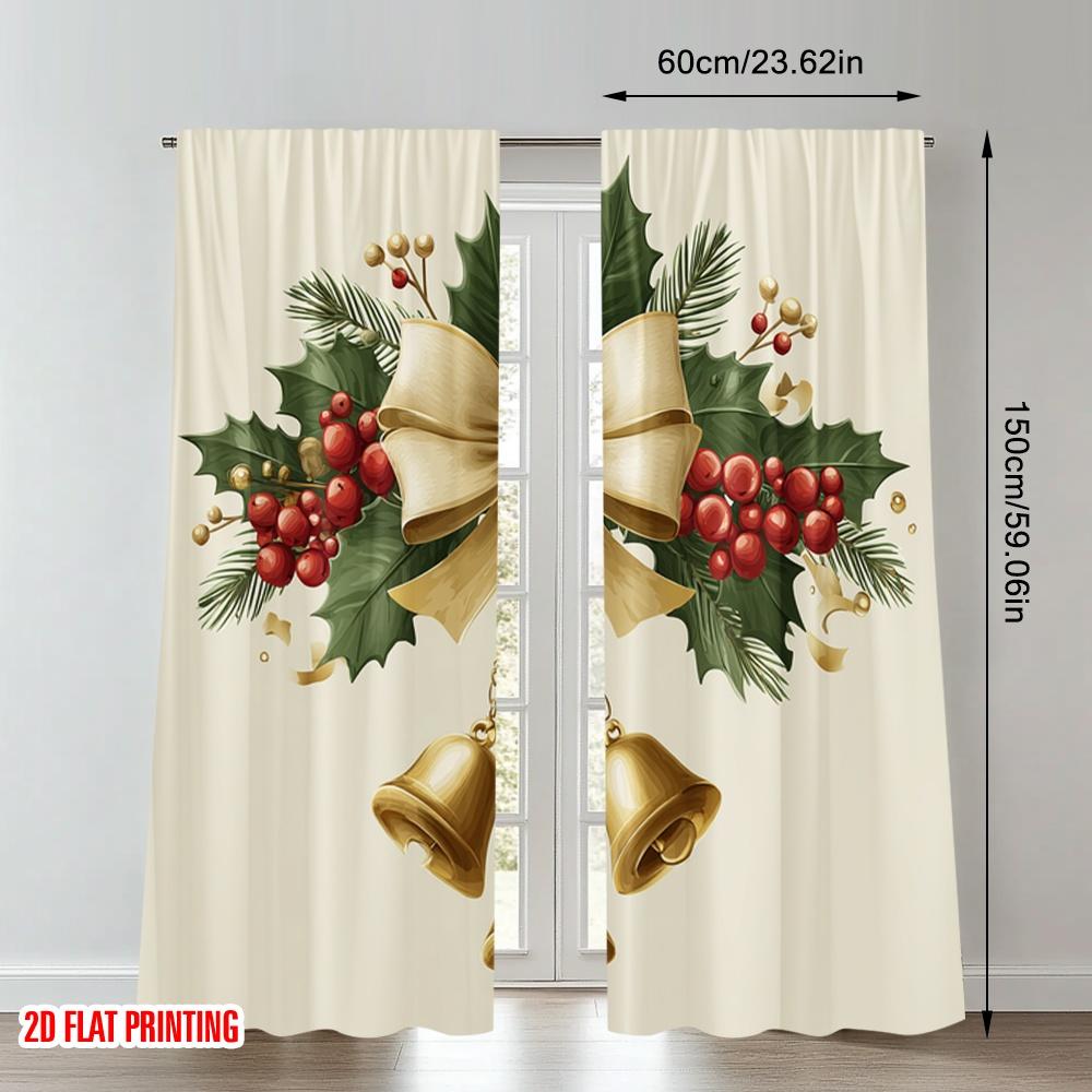 2pcs 2D Flat Printing Christmas Classic Hot Curtains Christmas Holly Bells Garland Digital Printed Polyester Drapes Family Party
