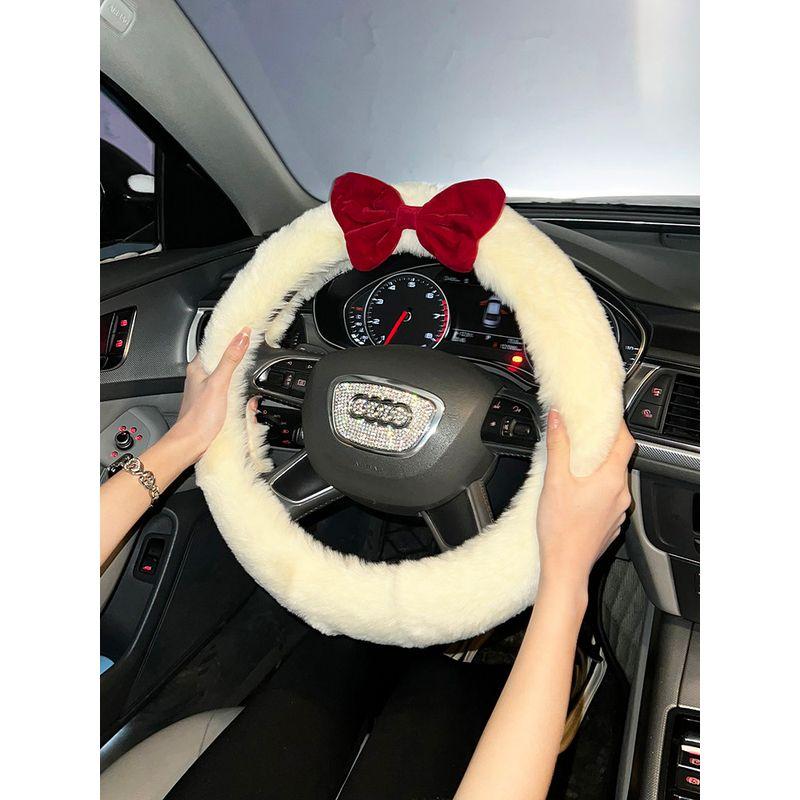 Car Steering Wheel Cover Winter Warm Plush Korean Cute Red Bow Non-Shedding Universal Handlebar Cover for Women