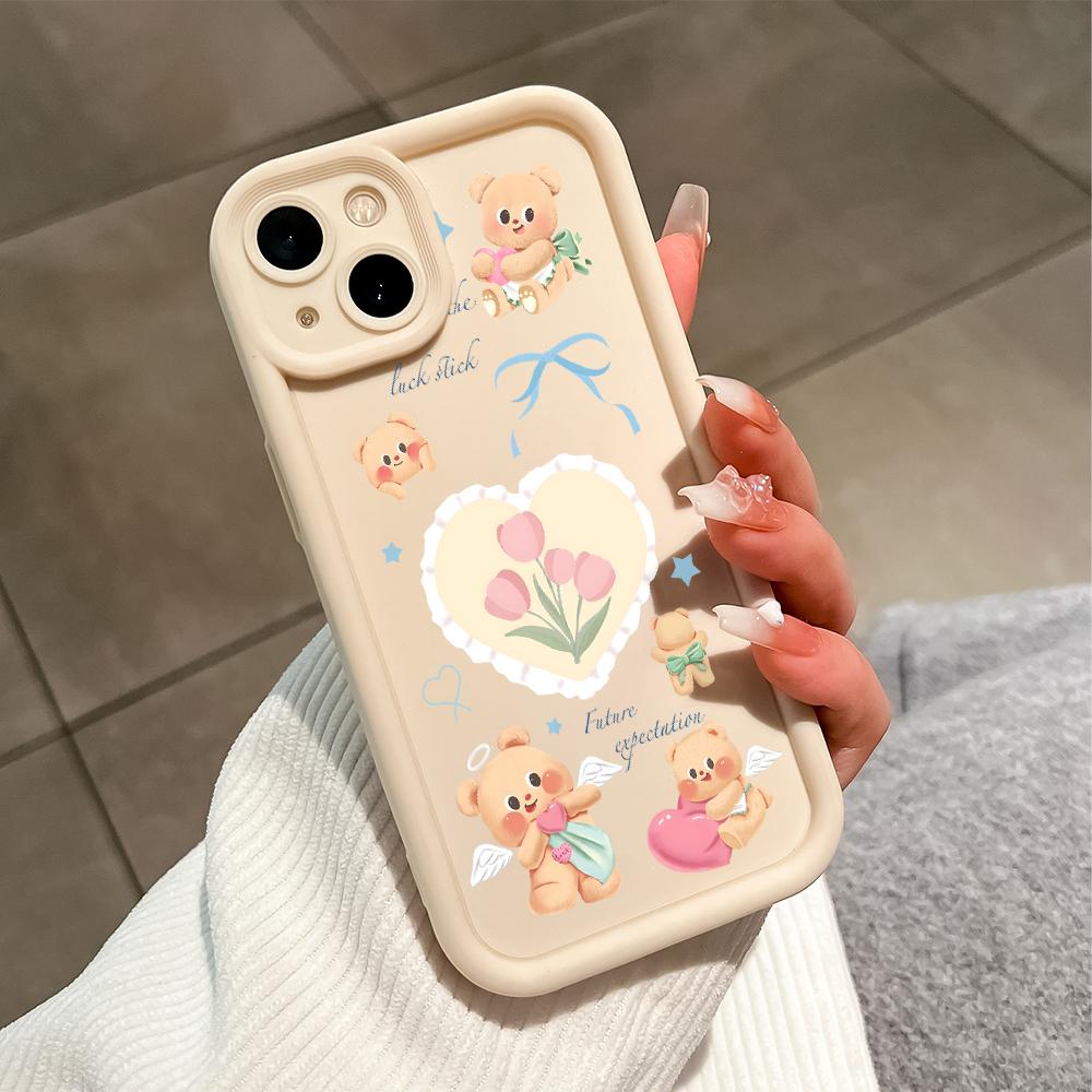 Silikonový kryt s kresleným vzorem květiny a medvěda pro iPhone 16 15 Pro Max Redmi Note 13 12 11 Pro Samsung S24 Plus S24 Ultra A52 A72 A54