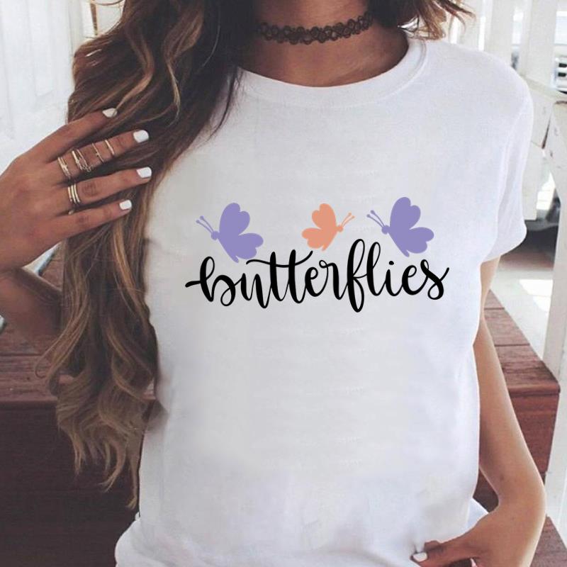 (Asian Size) Women's Top Print O-neck butterfly trend Short Sleeve T-shirts Fashion Female Casual T Clothing Graphic Tee