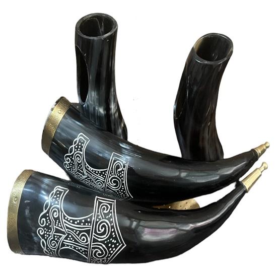 Set of 2 Viking Drinking Horn Natural Drinking Horn with Stand Polished Finish, Brass Trim Knob