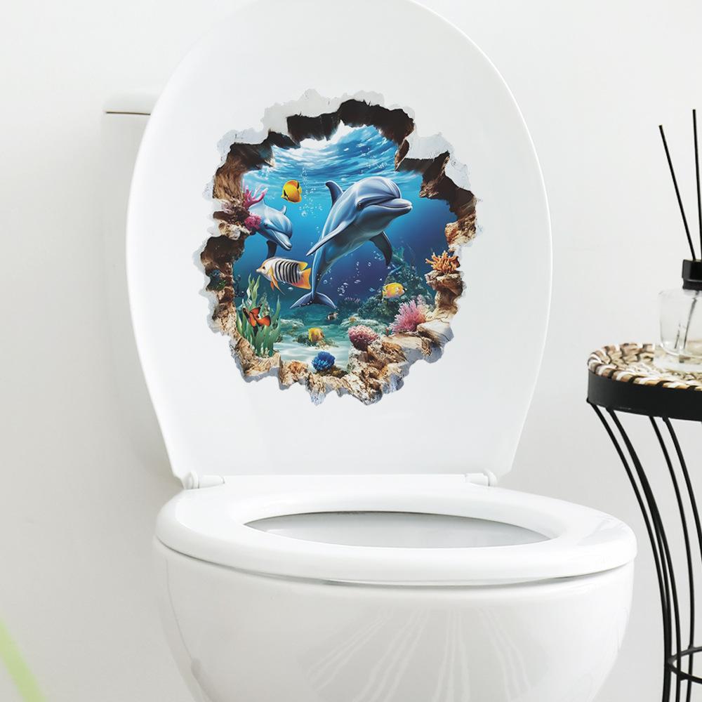 Ocean World Dolphin Toilet Wall Sticker Self-Adhesive Removable Waterproof for Bathroom Underwater Home Decor Art