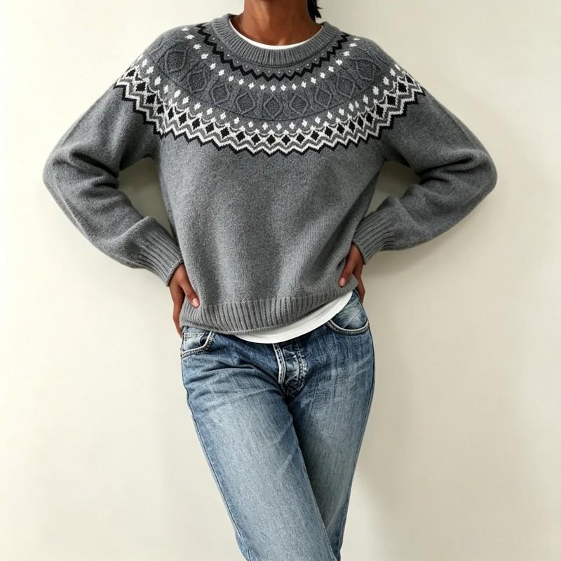 Womens Oversized Knit Sweater With Fair Isle Round Neck Long Sleeve Loose Fit Fall Winter Casual Top