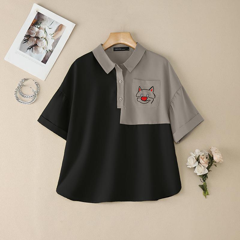 

ZANZEA Women Turn Down Collar Short Sleeve Casual Print Patchwork Blouse 5XL серый