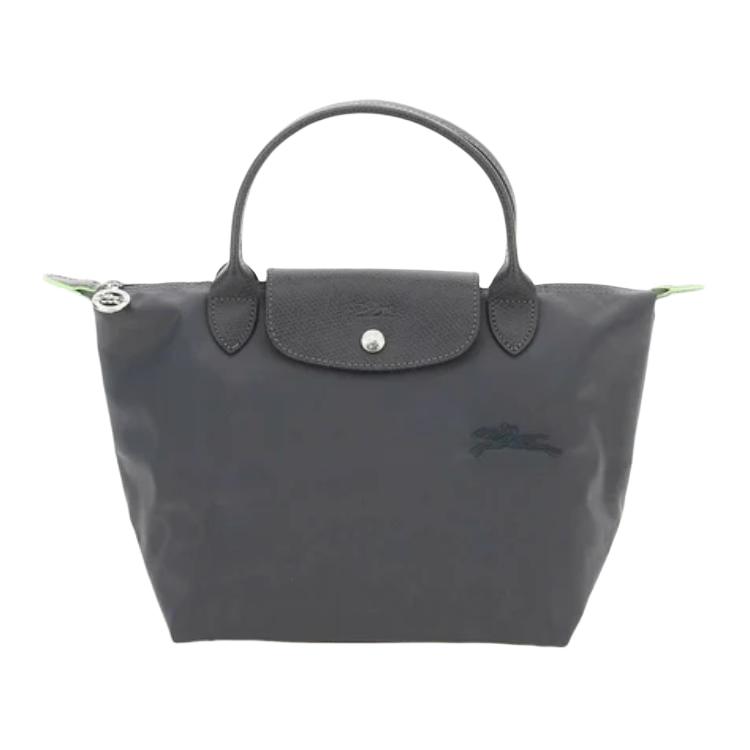 Longchamp Le Pliage Green Embossed Logo Silver Metal Zipper Recycled Nylon Tote Bag Small Women Tote Bags Graphite-Black L1621919P66