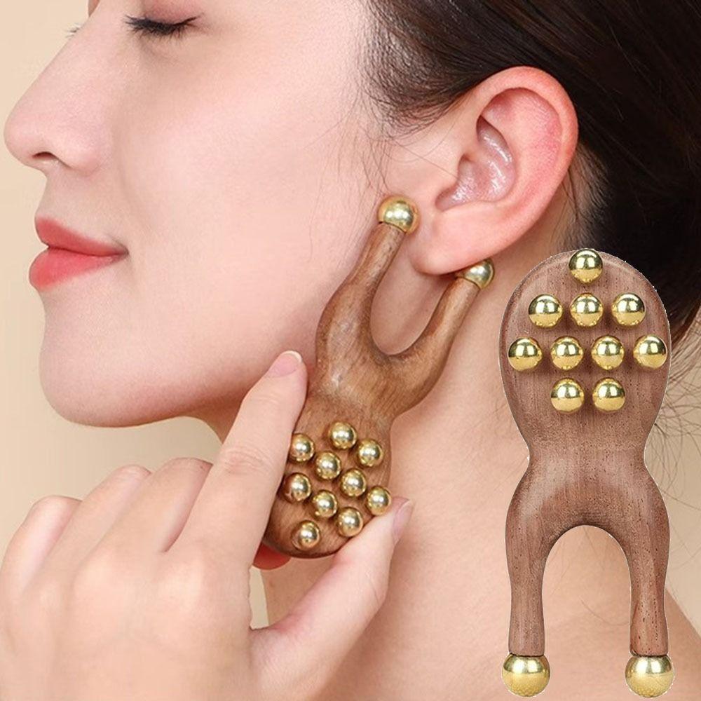 12 Copper Beads Guasha Face Massager Tool Wooden Handle Fascia Lifting Face Manual Massager Frog Shape Handheld