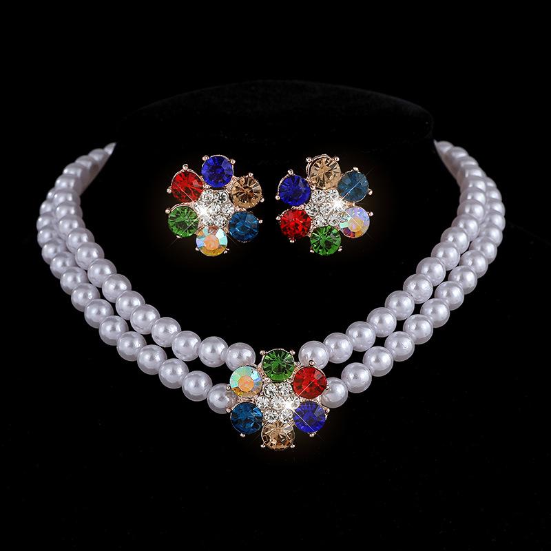 Diamond Flower Pearl Necklace Multilayer Clavicle Chain Choker Bridal Full Diamond Crystal Necklace Earrings Set