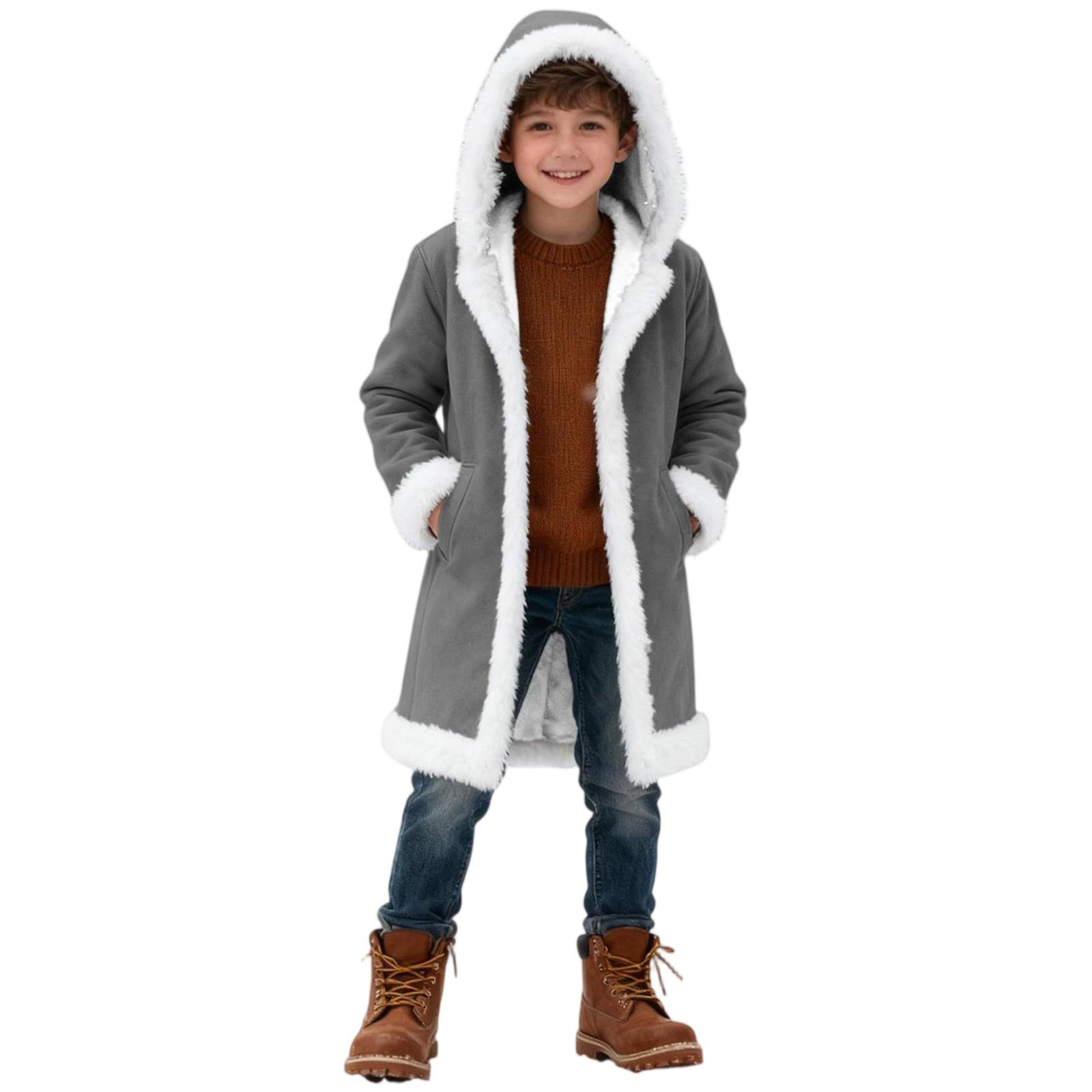 

Children s Fashion Casual Boys And Girls Solid-Color Fleece-Lined Hooded Trench Coat 150