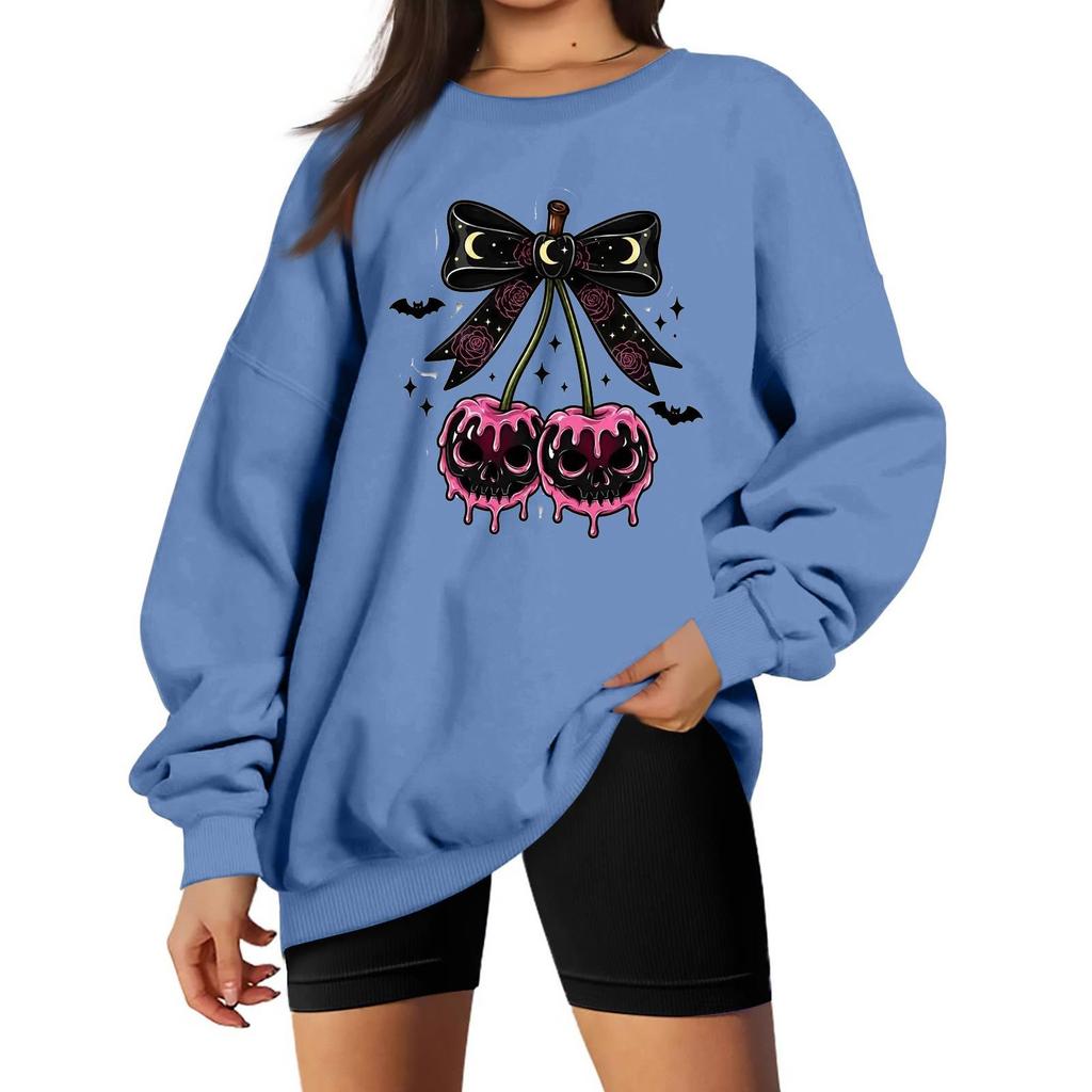 Women's Neck Long Sleeve Casual Loose Fit Sweatshirt Pullover with Color or Small Halloween Print