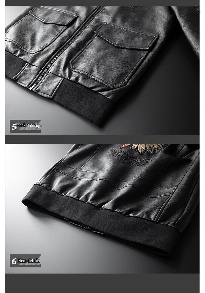 2021 Men's Lapel Embroidered PU Leather Motorcycle Jacket for Spring/Autumn - Casual Trendy Design
