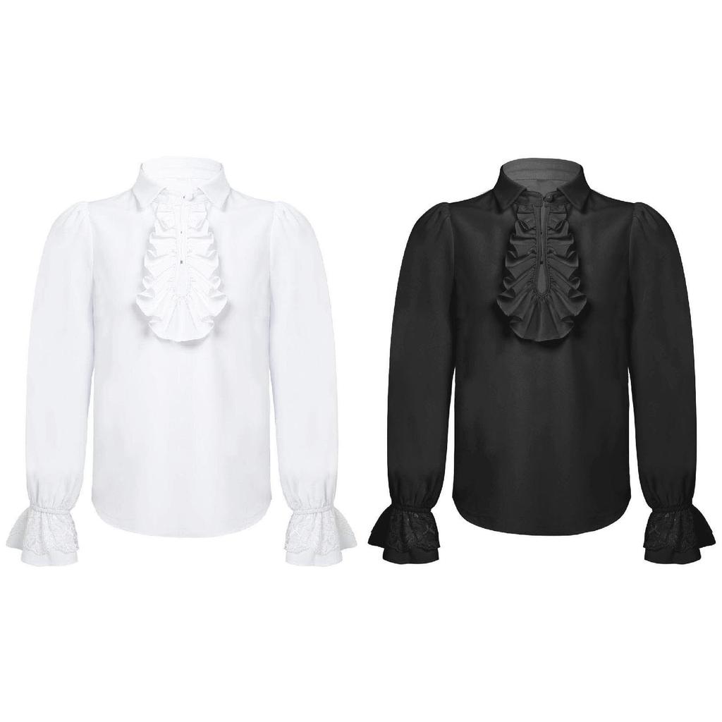 Boys Renaissance Shirt Long Sleeve Turndown Collar Ruffle Lace Cuffs Button Front Solid Color Costume Top for Historical Events