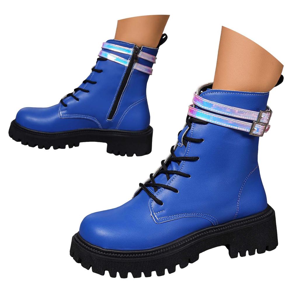 Dicke Sohle Runde Spitze Damen Einfarbige Modische Freizeit Schnürung Mittelhohe Stiefel Glitzernde Gummistiefel für Damen Mittelhoch