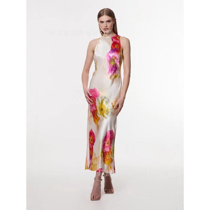 Damen Sexy Elegantes Feiertagsdruck Kontrastfarbe Nackenband Langes Schlitzkleid