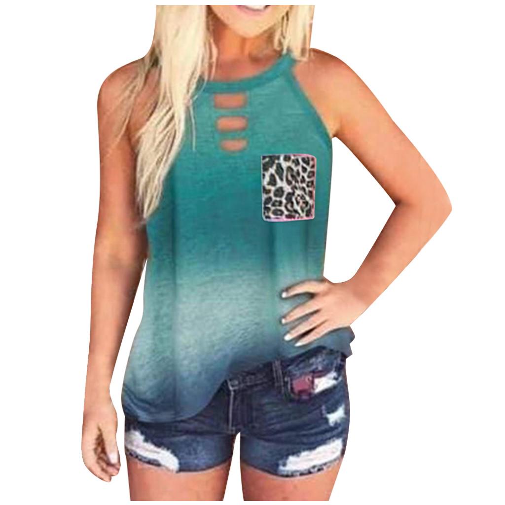 Womens Tie-Dye Leopard Pocket Sleeveless Tank Top Casual Summer Blouse Shirts