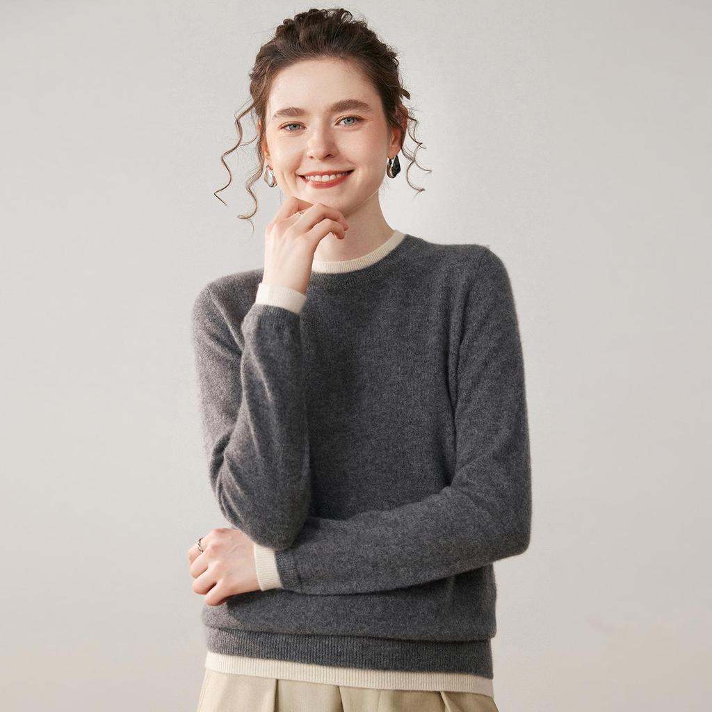 Women's Stylish Color-Block Cashmere Round-Neck Slimming Sweater - Versatile Two-Piece Look